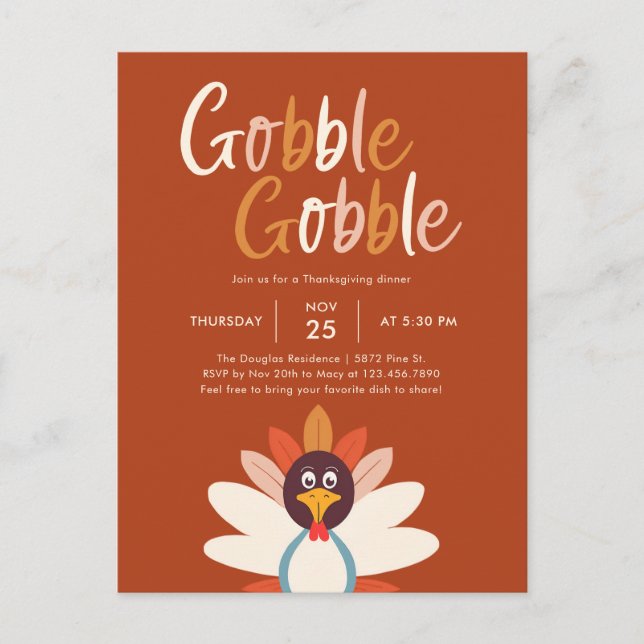 Gobble Gobble Thanksgiving Dinner Party-inbjudan Vykort (Framsida)