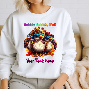 Gobble Gobble Y'all Funky Retro Thanksgiving Lång Ärmad Tröja