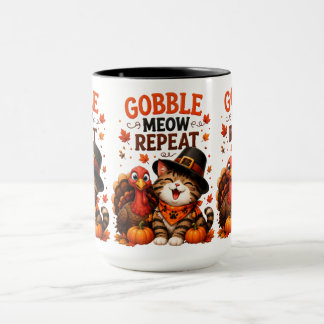 Gobble Meow Upprepa Söt Thanksgiving Katt och Kalk Mugg