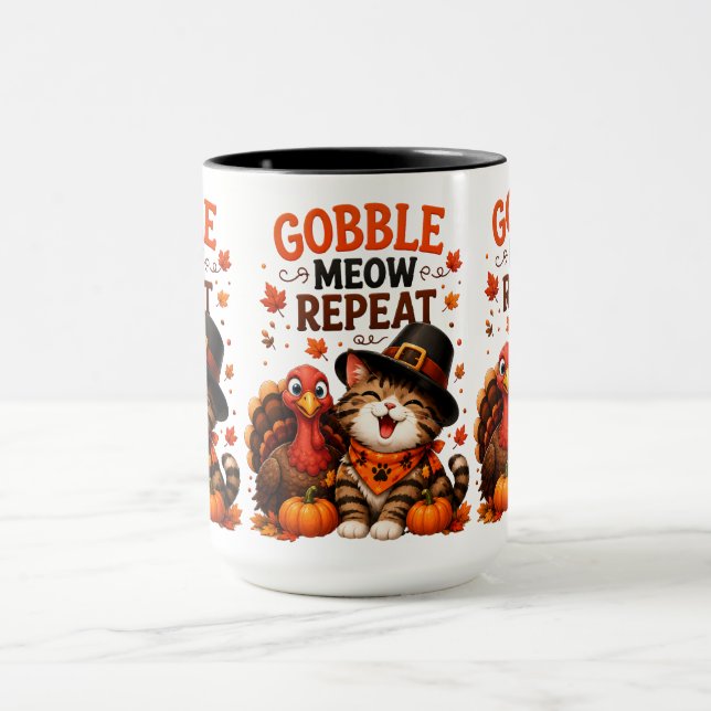 Gobble Meow Upprepa Söt Thanksgiving Katt och Kalk Mugg (Center)