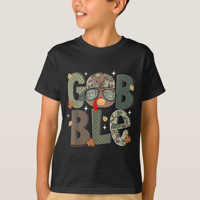 Gobble Turkey Camo Hat Thanksgiving Boys Youth Kid T Shirt (Framsida)