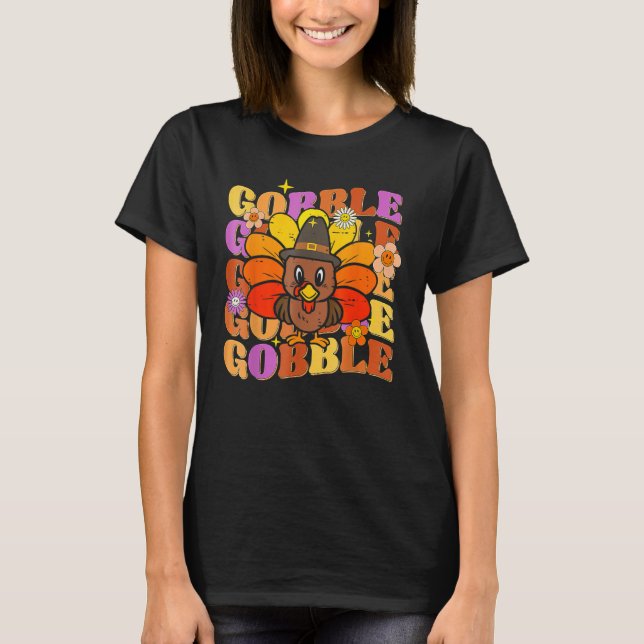 Gobble Turkey Groovy Happy Thanksgiving Fall Autum T Shirt (Framsida)