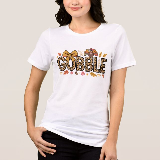 Gobble Turkey Thanksgiving Coquette Bow Leopard T Shirt (Framsida)