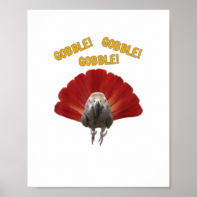 Gobble! Turkiets Thanksgiving African Grått Parrot Poster (Framsidan)