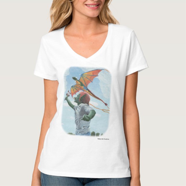 Goblin Child Flies Dragon Kite Fantasy Art Shirt T Shirt (Framsida)