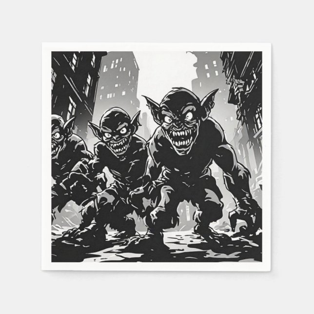 Goblin Demons Öde Stad BW Retro Seriestil  Pappersservett (Framsidan)
