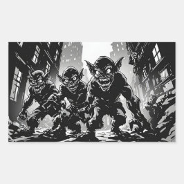 Goblin Demons Öde Stad BW Retro Seriestil  Rektangulärt Klistermärke