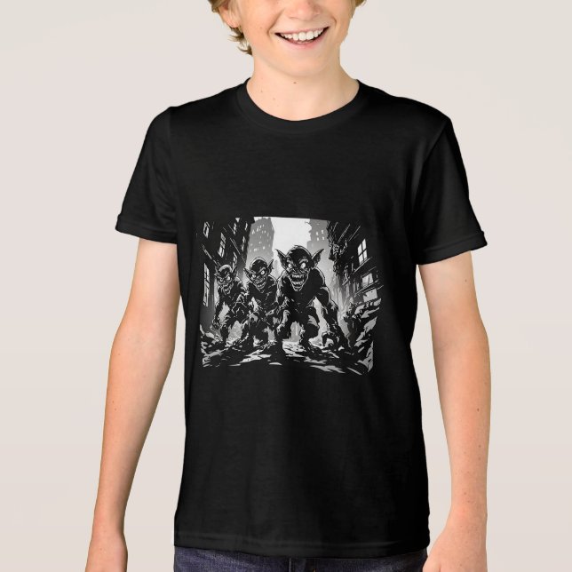 Goblin Demons Öde Stad BW Retro Seriestil  T Shirt (Framsida)
