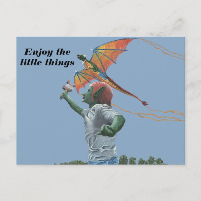 Goblin Flies Dragon Kite Fantasy Art Postcard Vykort (Framsida)