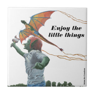 Goblin Flies Rainbow Dragon Kite Fantasy Art Tile Kakelplatta