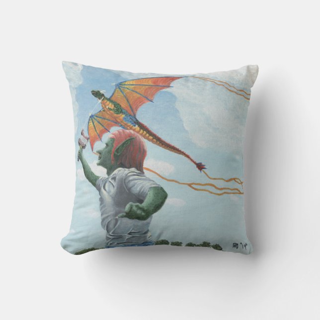 Goblin Flies Rainbow Dragon Kite Fantasy Pillow Kudde (Framsida)