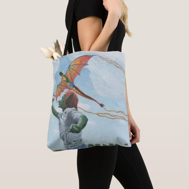 Goblin Flies Rainbow Dragon Kite Fantasy Tote Bag Tygkasse (Närbild)