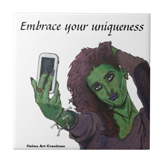 Goblin Girl Mobil Selfie Fantasy Art Ceramic Tile Kakelplatta (Framsidan)