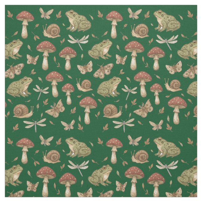 Goblincore Mushroom Frog Snail Dragonfly Pattern Tyg (Provkarta)
