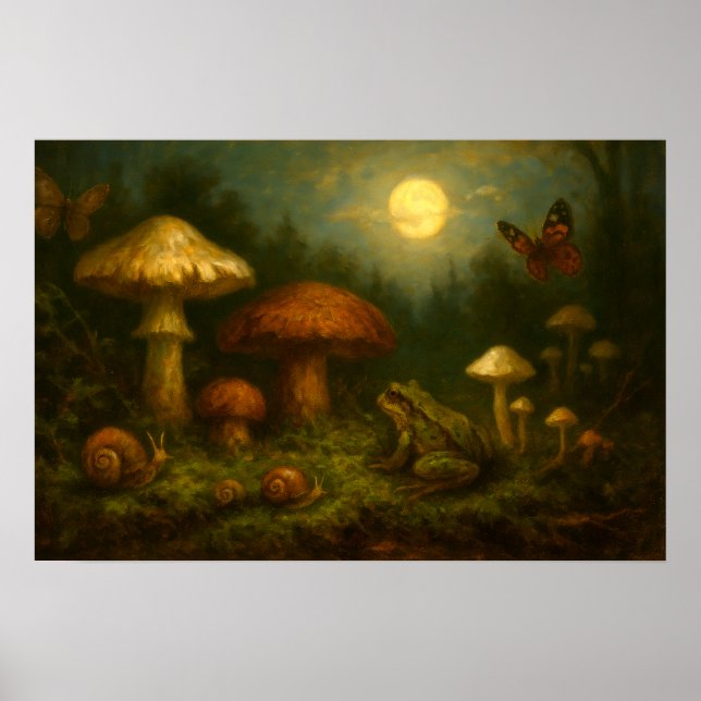 Goblincore Mushrooms, Snails & Frog In Moonlight Poster (Framsidan)