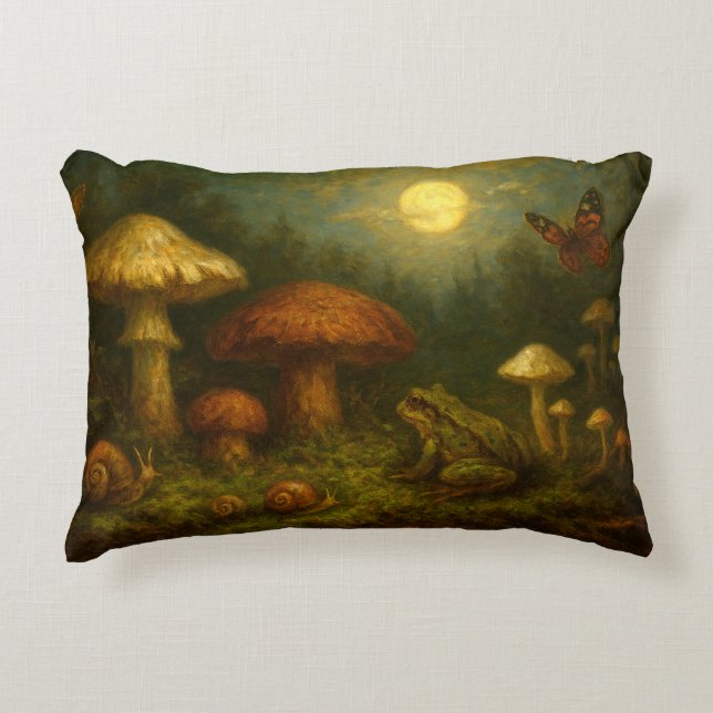 Goblincore Mushrooms, Snails & Frog In Moonlight Prydnadskudde (Framsidan)