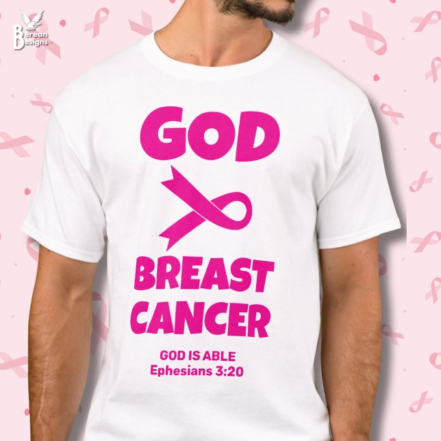 GOD ÄR STÖRRE ÄN BREAST CANCER Christian T Shirt (GOD IS BIGGER THAN BREAST CANCER Christian tee with customizable Bible verse. Pink ribbon math sign.)