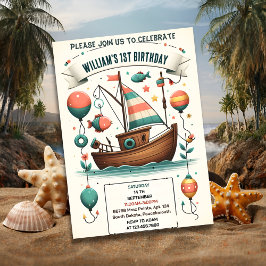 God båt, söt pojke Fisk på första födelsedagen Inbjudningar