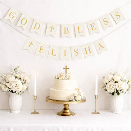 God Bless 6 Letters Ivory & Gold Baptism Communion Vimplar