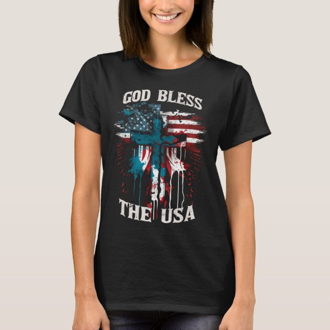 God Bless America Christian Patriotic Cross T Shirt (Framsida)