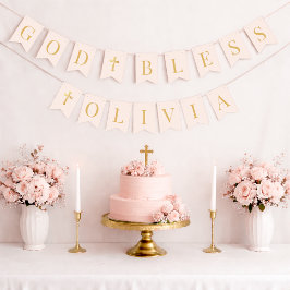 God Bless Pink & Gold 6 Letters Baptism Communion Vimplar