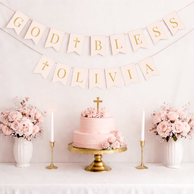 God Bless Pink & Gold 6 Letters Baptism Communion Vimplar (Skapare uppladdad)