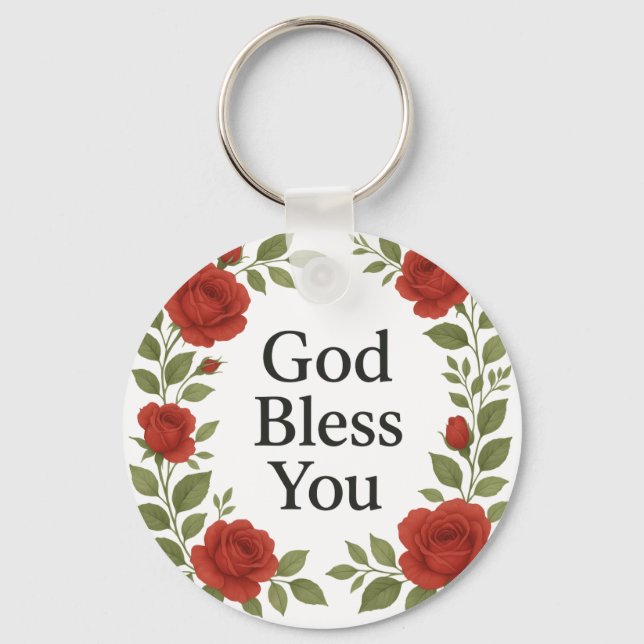 God Bless You Religious Rose Floral Nyckelring (Framsida)