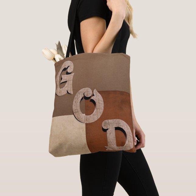 "GOD" bold statement Beige & Brown Shoulder Tote Tygkasse (Närbild)