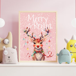 God & Bright Cute Reindeer och Jul Ljus Poster