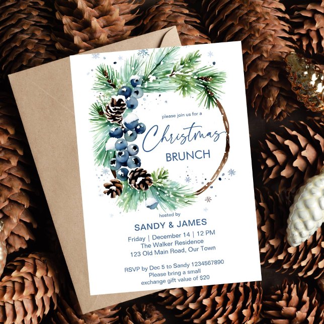 God brunch gräs-andningsmall inbjudningar (Christmas brunch editable  template invitation digital download watercolor pine wreath pine cones )