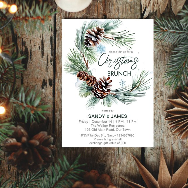 God brunch gräs-andningsmall inbjudningar (Christmas brunch party editable template invitation digital download watercolor pine wreath template)