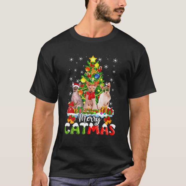God Catmas Sphynx Cat Santa Julafton Träd jul T Shirt (Framsida)