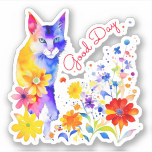 God Dag   Akvarell Katt och Blommor  Klistermärken