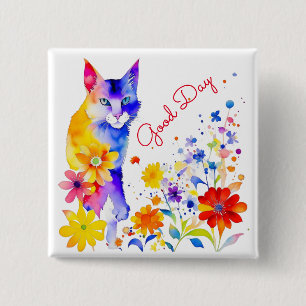 God Dag   Akvarell Katt och Blommor  Knapp