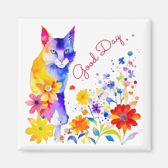 God Dag | Akvarell Katt och Blommor  Magnet (Framsidan)