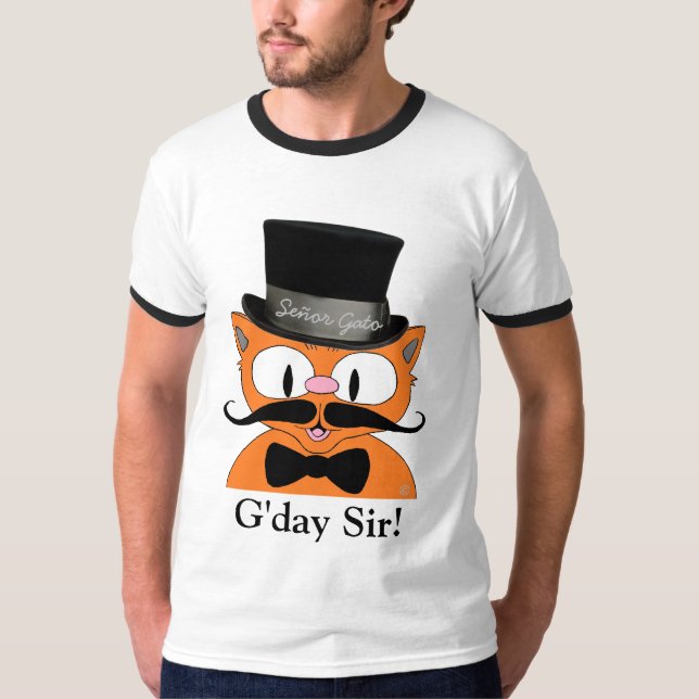 "God dag herrn!" Översta hatt och mustasch katt T Shirt (Framsida)
