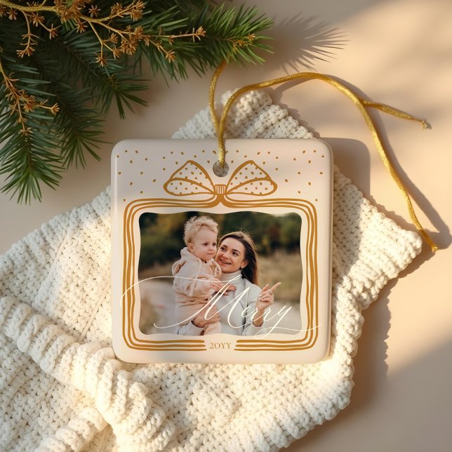 God Elegant Julblocket Photo Keepsak Julgransprydnad Keramik (Merry Script Elegant Christmas Bow Photo Keepsake Ceramic Ornament)