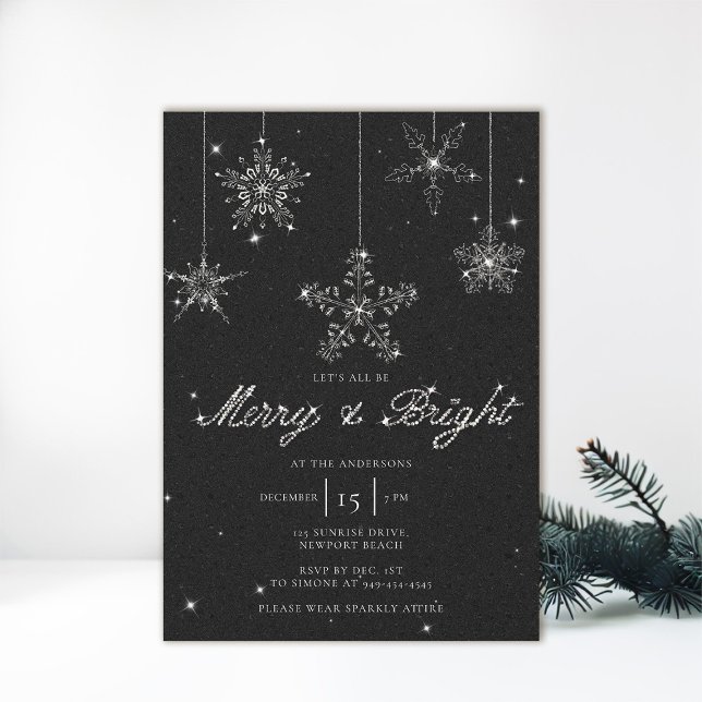God Elegant, svart, vit Glitter, jul Inbjudningar (black white christmas party invitation sparkles glitter snowflakes merry bright elegant modern)