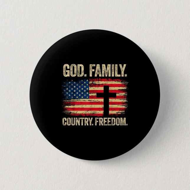 God Family Country Dom Usa Flag Cross  Knapp (Framsida)