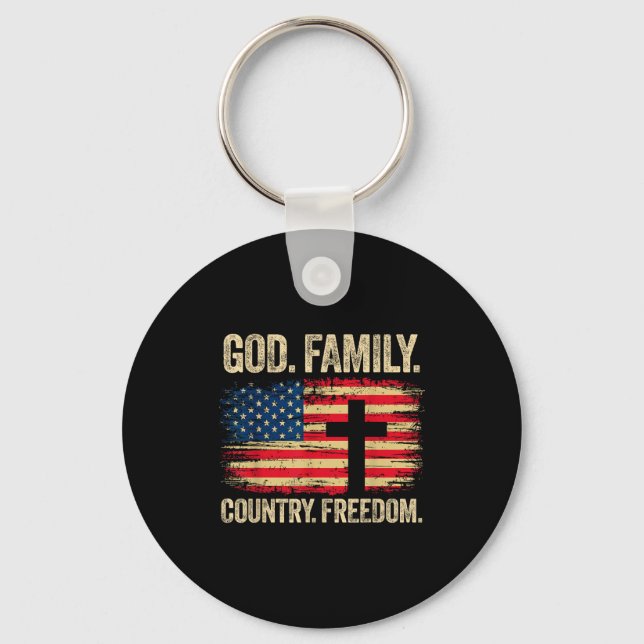 God Family Country Dom Usa Flag Cross  Nyckelring (Framsida)