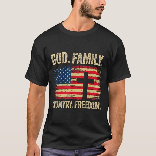 God Family Country Dom Usa Flag Cross  T Shirt (Framsida)