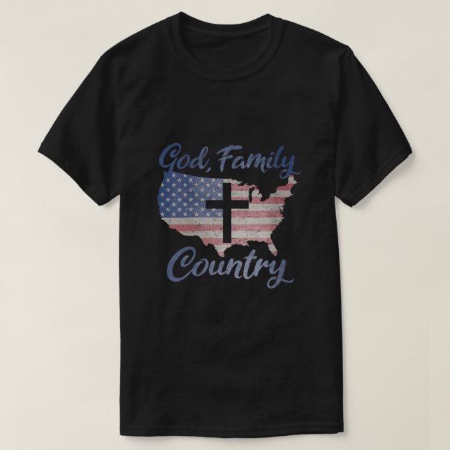 GOD FAMILY LAND Christian Kor American Flagga L T Shirt (Design framsida)