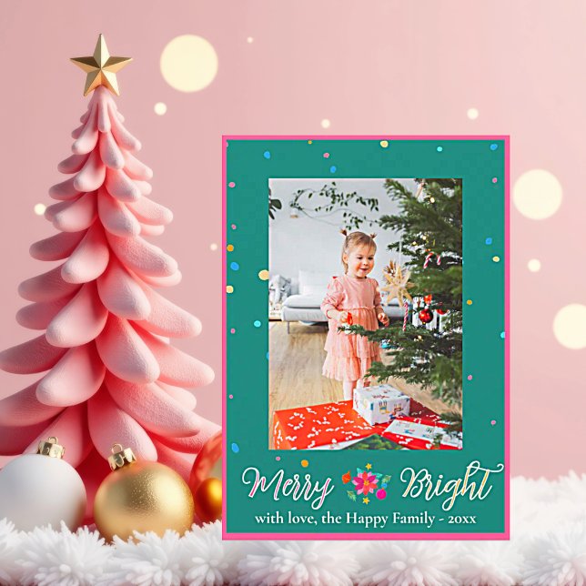 God, färgstark fotojul - jul julkort (Merry and Bright Christmas Greeting Card photo personalize with family name and year.)