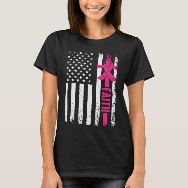 God Fearing Patriotic Pink Ribbon Faith American F T Shirt (Framsida)