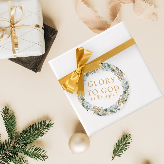 God gåva till Gud Gift med den moderna Religiösan  Gåvor Etiketter (Modern religious Christmas gift tag with Glory to God Bible verse and wreath of winter greenery)