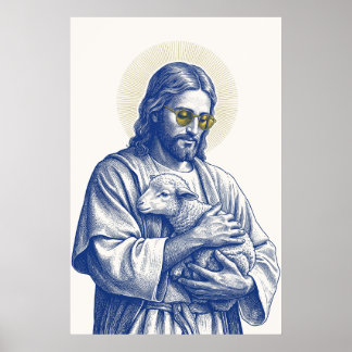 God Hjärtans Herde med Lamm i Guld Solglasögon Kon Poster