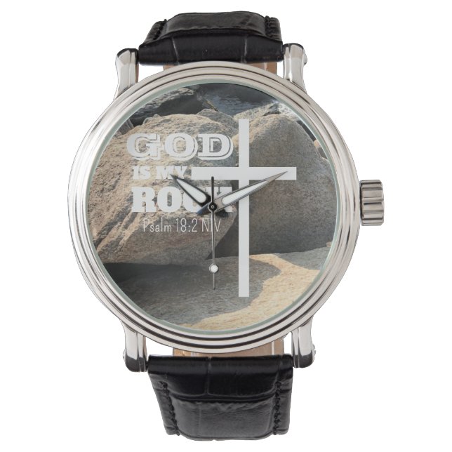 God is My Rock Bible Verse White Cross Christian Armbandsur (Framsida)
