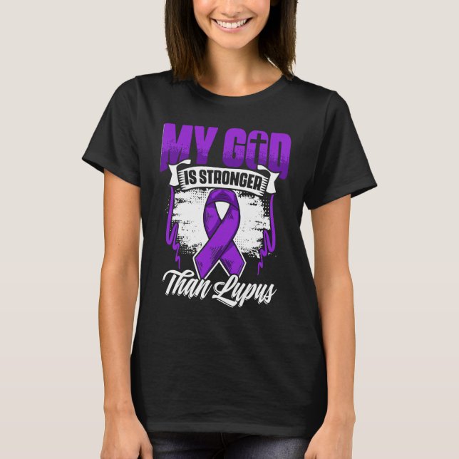 God Is Stronger Than Lupus Purple Ribbon Lupus Awa T Shirt (Framsida)