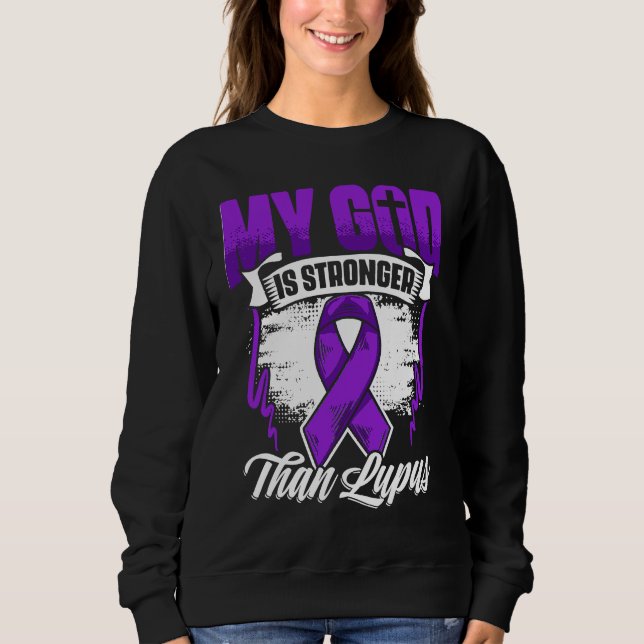 God Is Stronger Than Lupus Purple Ribbon Lupus Awa T Shirt (Framsida)