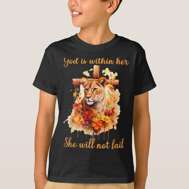 God Is Within Her She Will Not Fail Lioness Cross  T Shirt (Framsida)